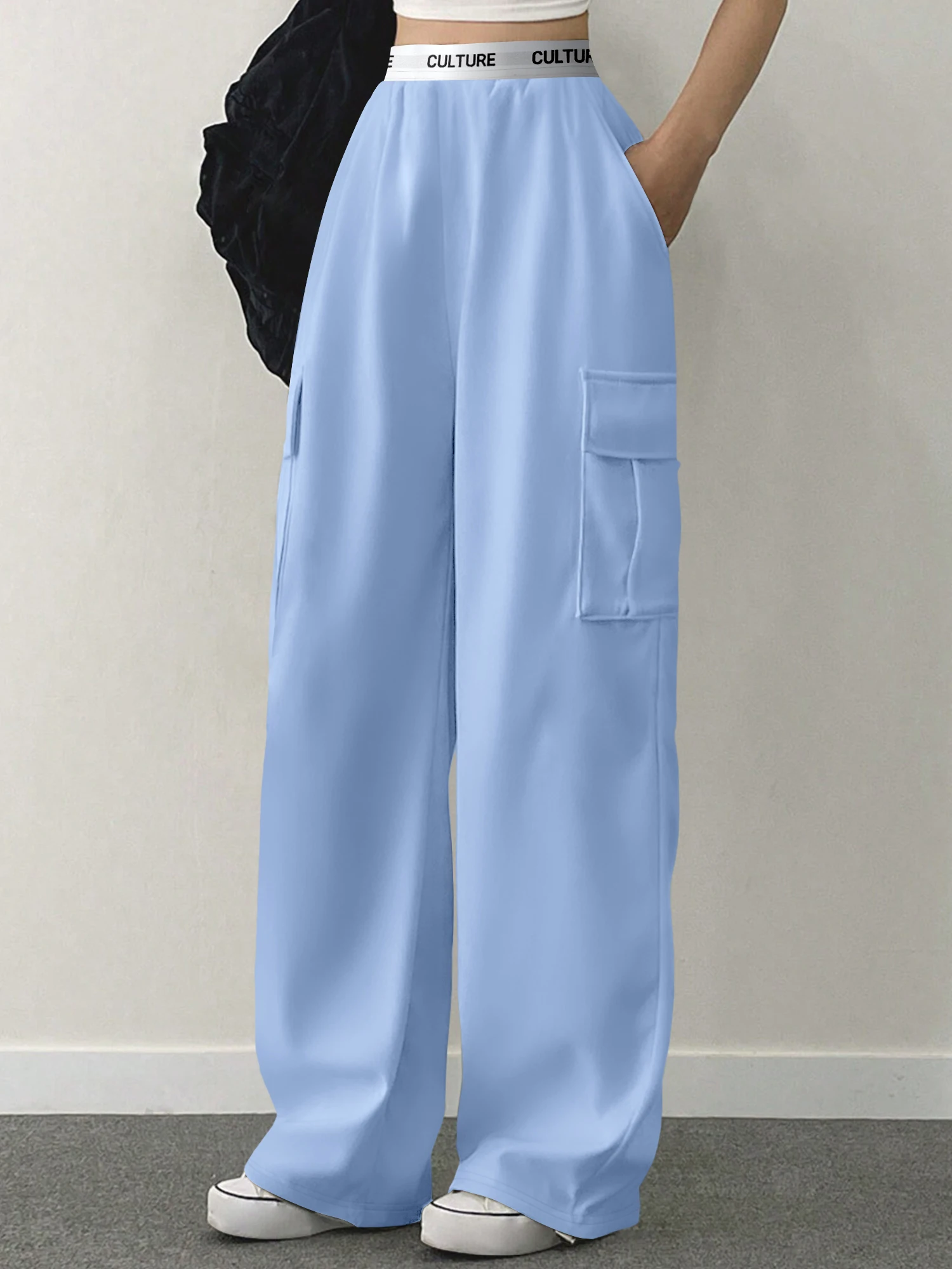 Y2K Style Wide Leg Cargo Pants for Women Lightweight Fabric Multi-Pocket Design Elastic Waist Casual Daily Trousers