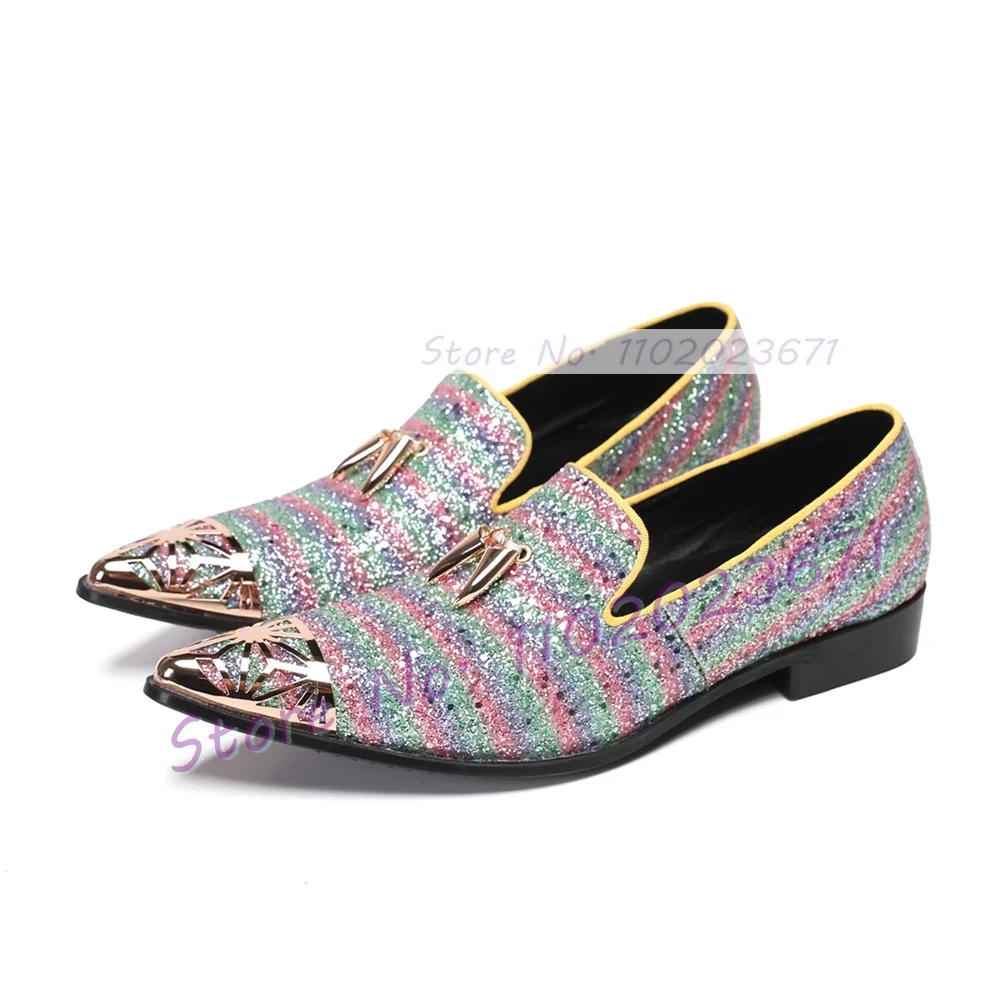 Metal Pointed Toe Colorful Sequin Shoes For Men Youth Sparkling Streetwear Fashion Stage Loafers Slip On Trending New Shoes