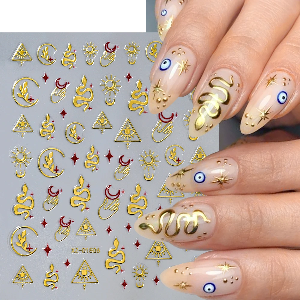 1Pc Red Gem Love Heart Nail Art Sticker Gold Sun Moon Star Adhesive Decals Y2K Holographic Starlight Sliders Manicure Decoration