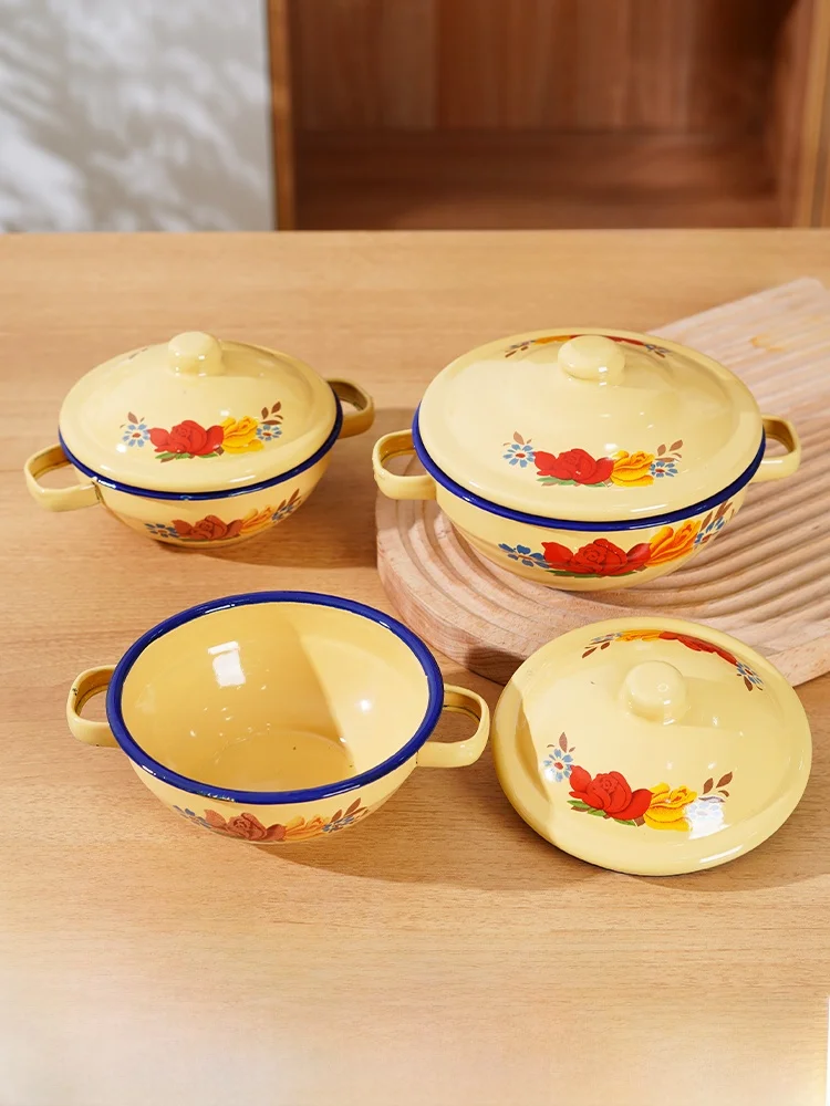 

Эмалированная миска с двойным ухом и крышкой, китайская миска для супа в стиле ретро, миска для супа, миска для супа, хороший горячий горшок, миска для холодной лапши, миска с растительным цветочным узором