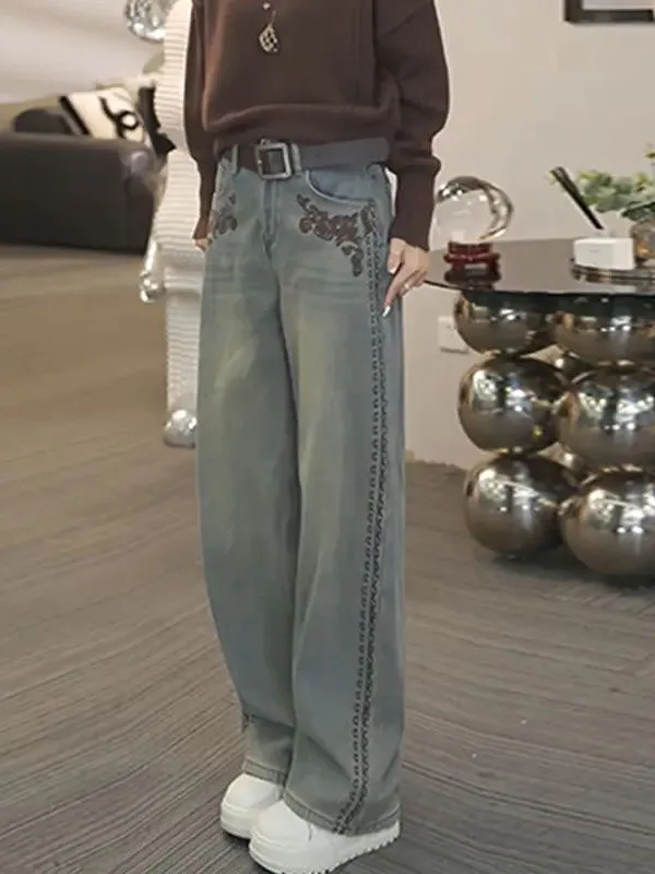 

Весна 2026: Женские джинсы с высокой талией, широкими штанинами, свободного кроя, фасона «bootcut», с вышивкой по бокам, эффект стройности