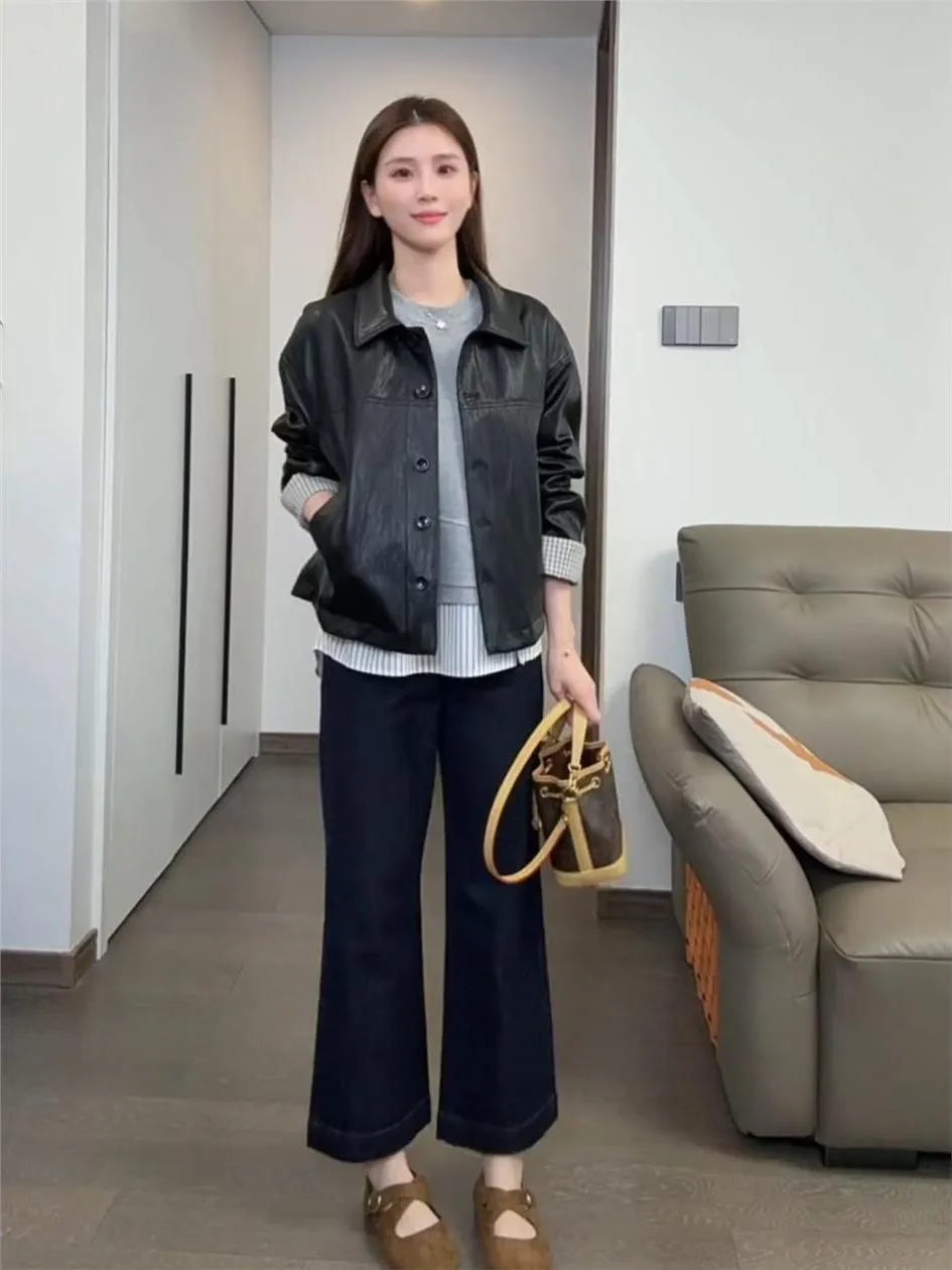 Fashionable Leather Jacket Women's Turn-down Collar Outerwear Stylish Trendy Long Sleeve Anti-wrinkle Korean Style Coat