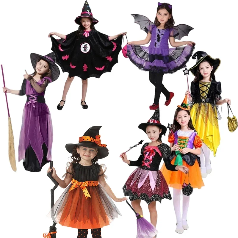 Kids Girls Halloween Witch Costume Set Dress+Broom+Wand+Bag Make up Cosplay Party Bat Wizard Vampire Children's Outfit Witch Hat