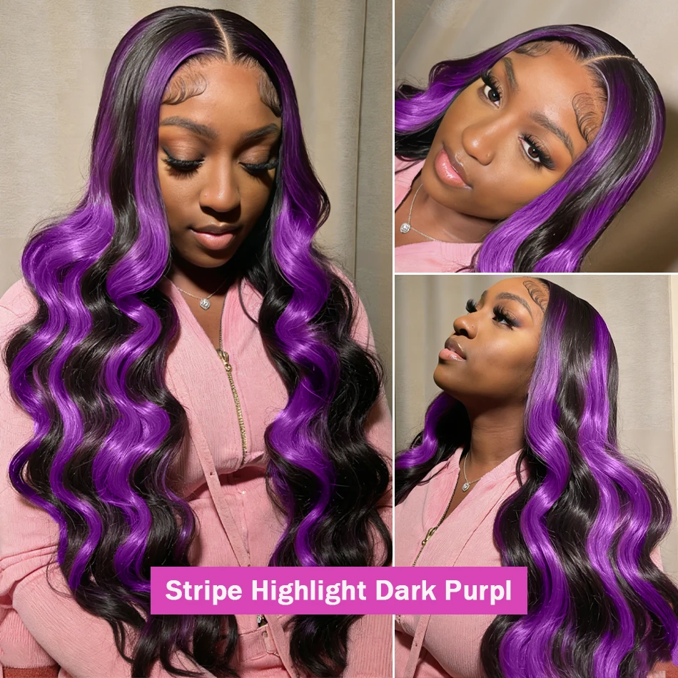 Ombre 1B/Pink 13x6 Lace Frontal Wig Human Hair 230% Body Wave Stripe Highlight Dark Purple Curly 13x4 Lace Front Wigs For Women - Image 5