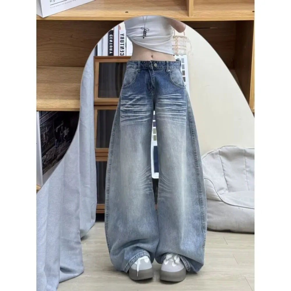 

Женские винтажные потертые дышащие джинсы с изогнутым подолом, осенние свободные прямые брюки с высокой талией и широкими штанинами длиной до пола