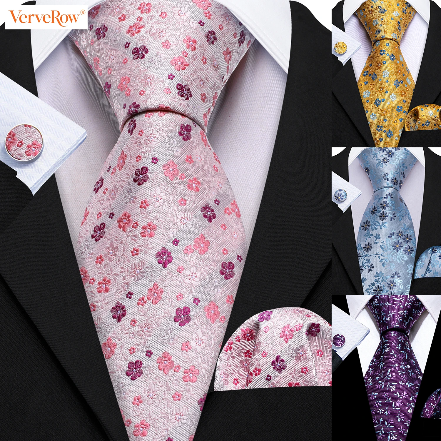 Elegante Conjunto de Corbata, Pañuelo y Gemelos Jacquard Floral para Hombre, Tejido en Azul, Dorado, Rosa, Azul y Morado, para Bodas, Negocios y Fiestas