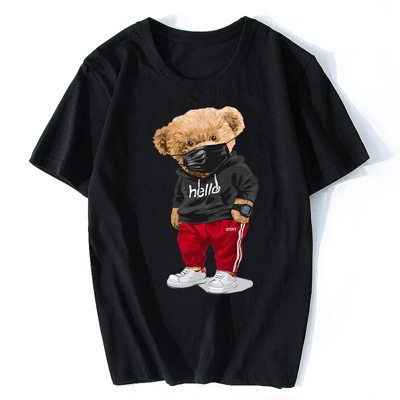 

Cotton Sports Mask Bear Print Short Sleeve T-shirt Women Summer Casual Oversized Tshirt Men Hip Hop Funny T Shirt Streetwear