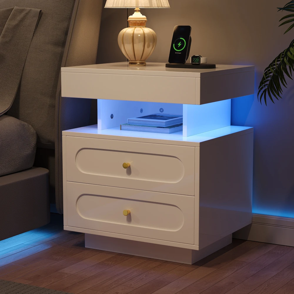 PINGGO LED-Nachttisch, 2 Stück, mit 2 Schubladen, 1 offener Stauraum, weißer Nachttisch, Größe 100 x 40 x 60 cm, Schlafzimmermöbel – Detail 10