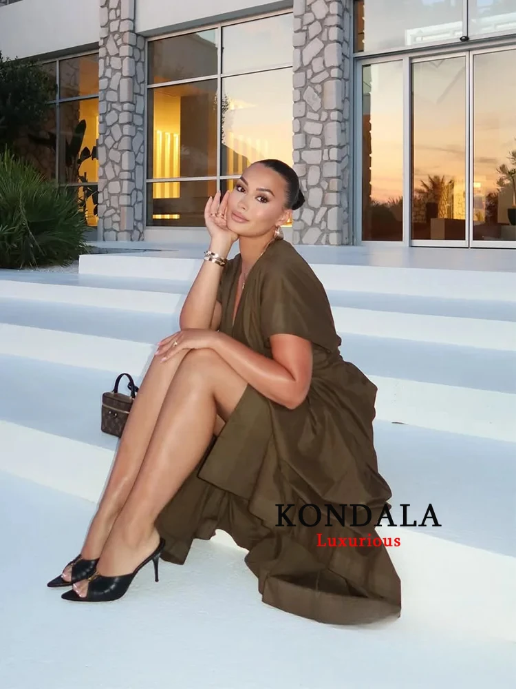 فستان نسائي كلاسيكي أنيق غير رسمي من KONDALA برقبة على شكل حرف v وأربطة ثنيات طويلة موضة صيف 2025 فستان فضفاض قابل للطي للعطلات