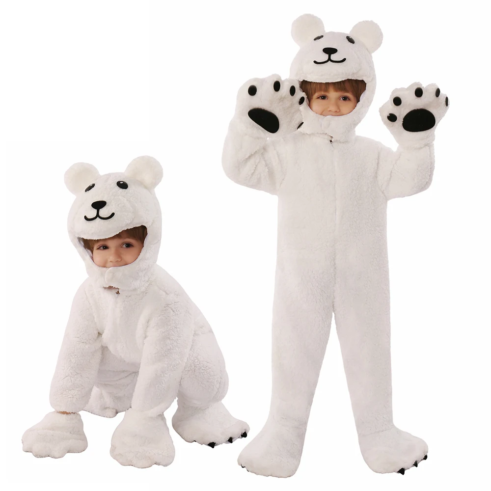 

Winter Kids Polar Bear Costume, Cute Plush Animal Onesie, Halloween Outfit for Children