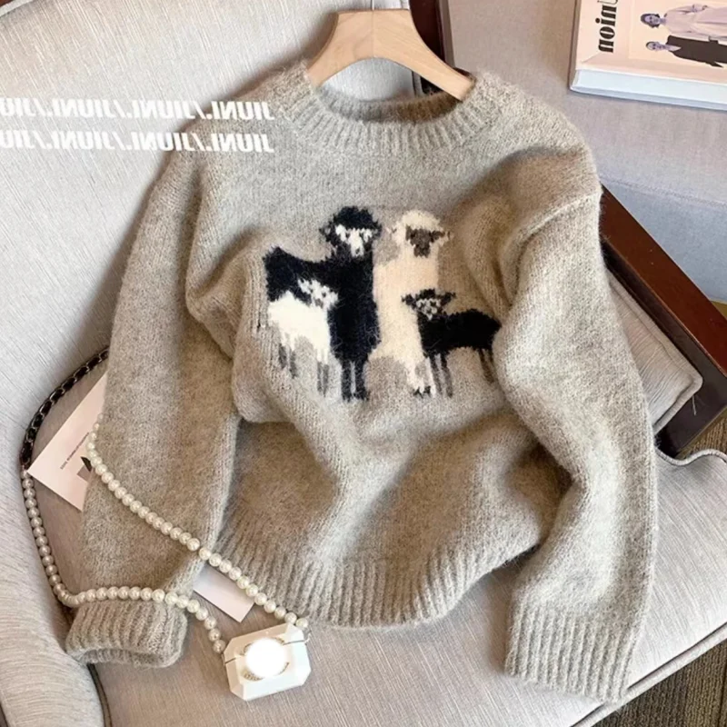 Women Khaki Clothing Vintage Knitting Sweater Cartoon Printing Long Sleeve Casual Korean Fashion Baggy Female Winter NEW Tops