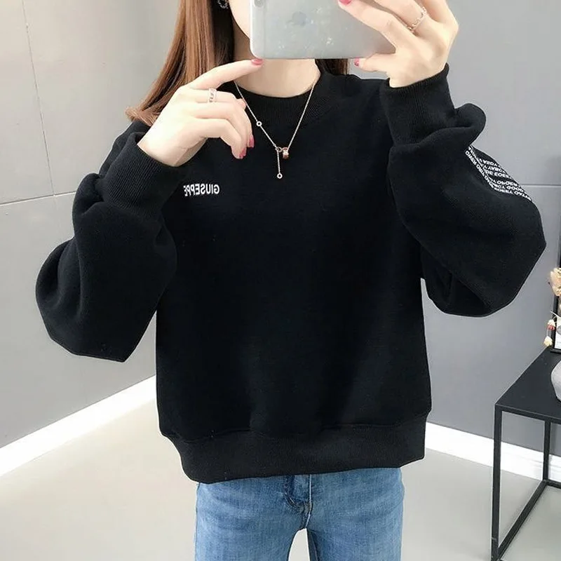 Solid Color Printing Letter Short Sweatshirts Women High-quality Long Sleeve Plush and Thicken Autumn Winter All-match Top 2022