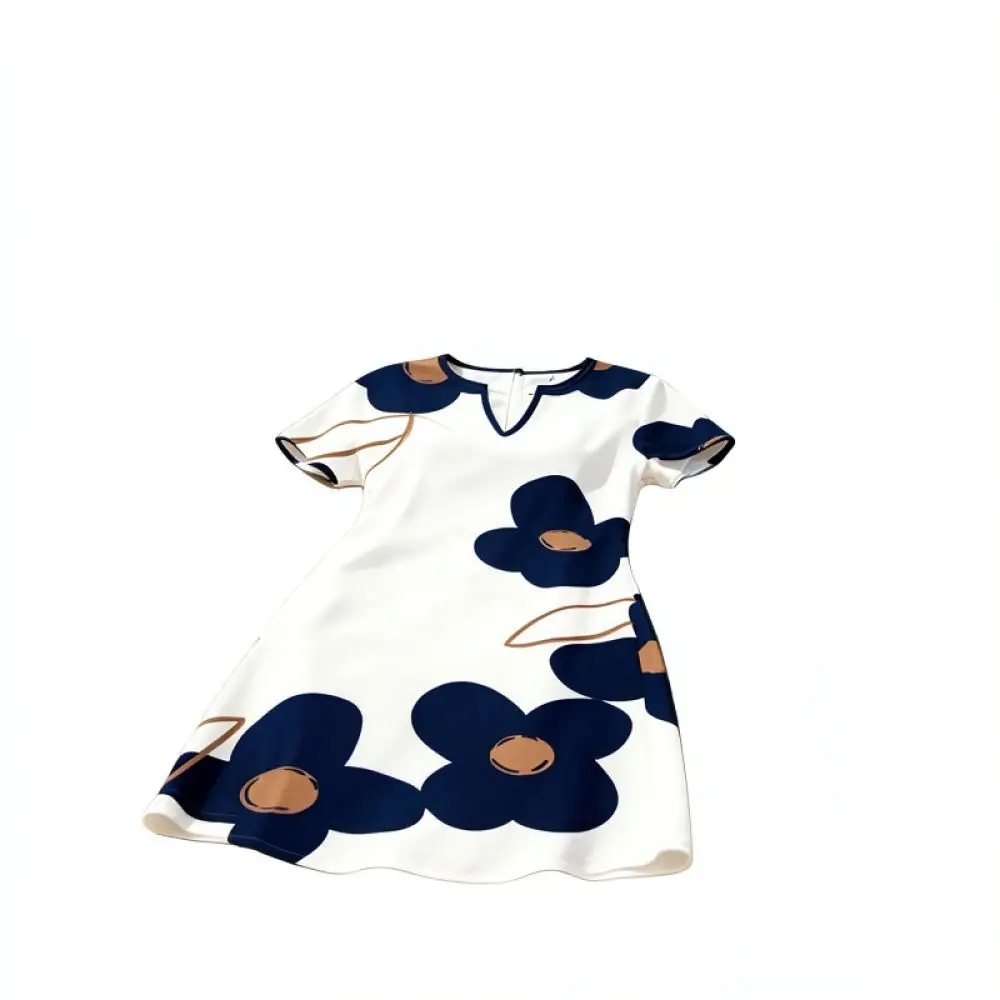Elegant Plus Size Floral Dress Navy V Neck Short Sleeve Loose Straight Midi Dresses Casual Comfortable Summer Clothing