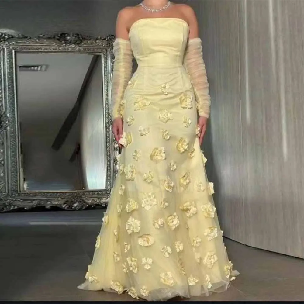 

Saudi Arabia Women's Evening Ball Gowns Satin Mermaid/Trumpet Party Dress Pale Yellow Strapless Applique Prom Dress Long 2025