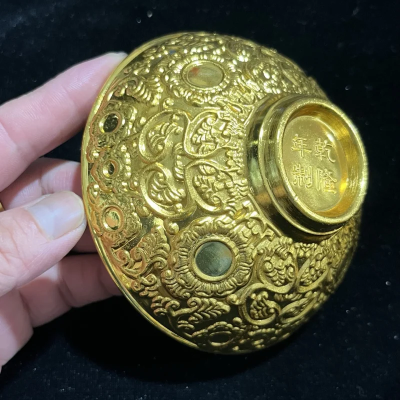 New - Year of the Dragon Gift Ornament, Metal Gold-plated with Gemstones, Exquisitely Carved Golden Bowl Craf