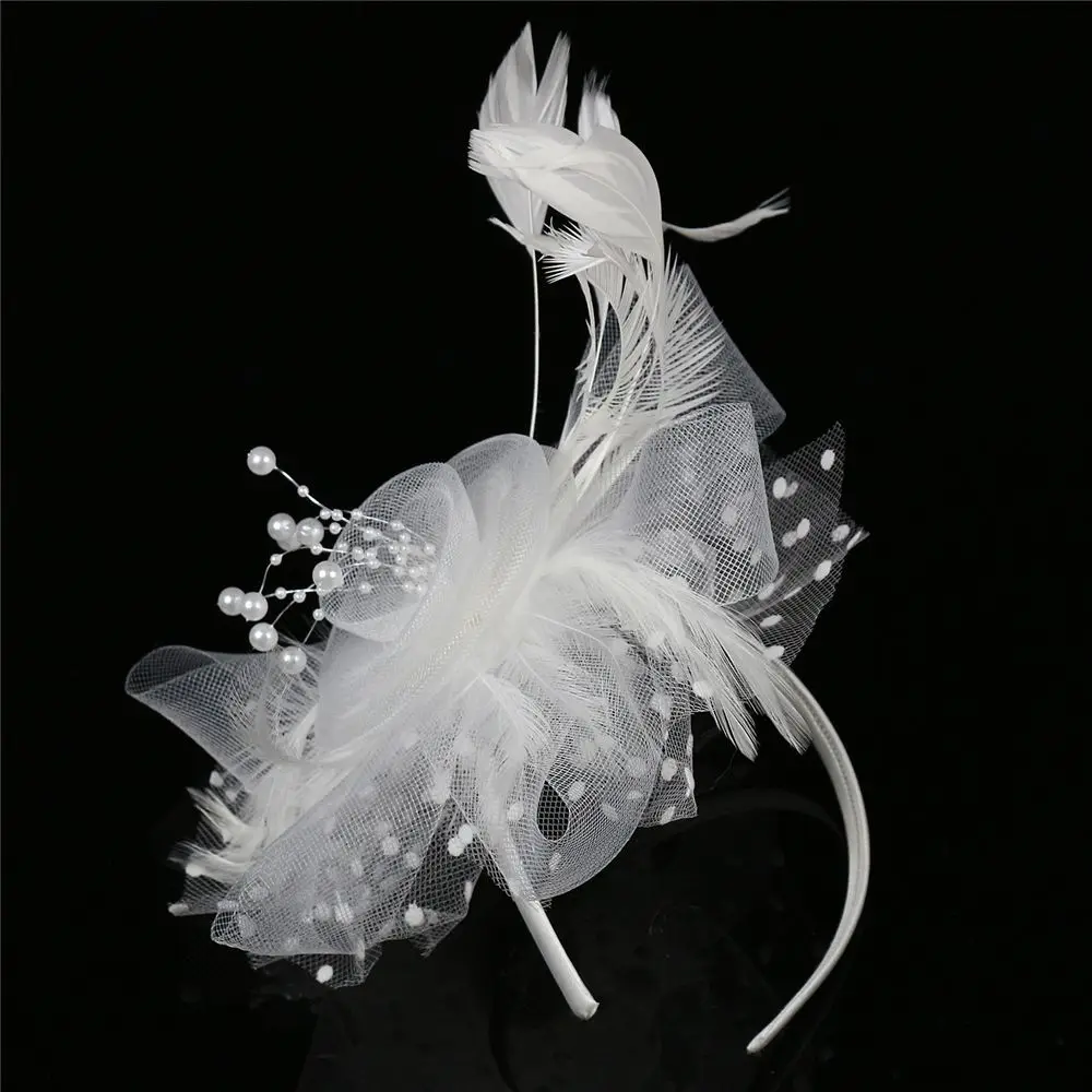 Women Girls Cocktail Wedding Mesh Flower Fascinator Hat Tea Party Headband Feathers Hair Clip Alice Headband Clip