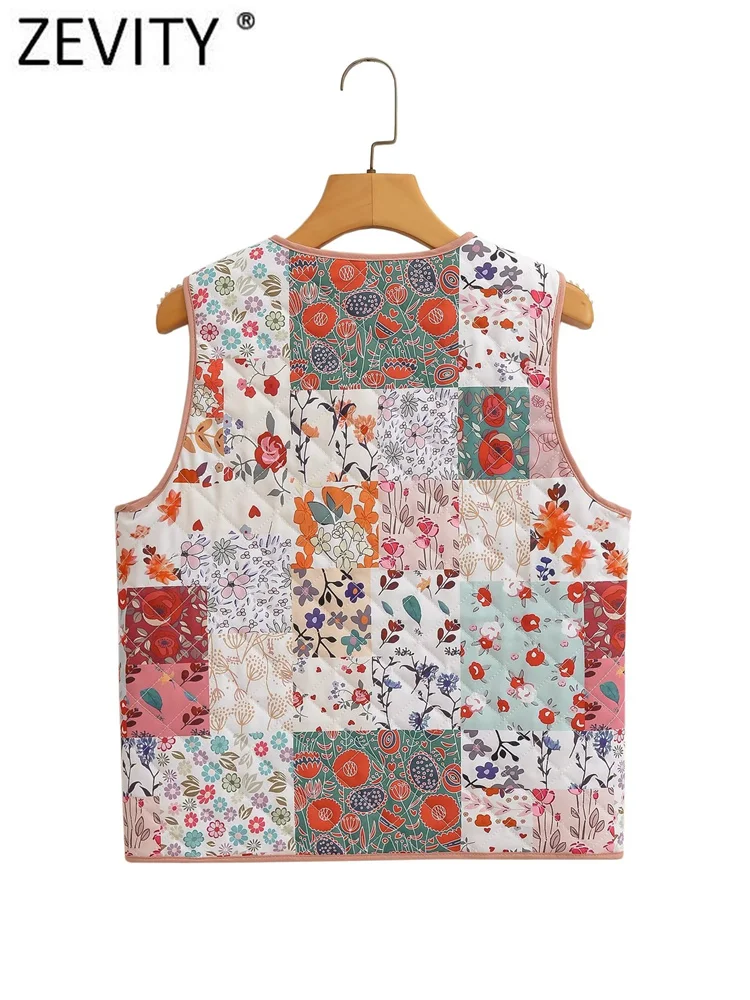 Zevity 2023 Women Fashion V Neck Sleeveless Floral Pathcwork Print Short Vest Jacket Ladies Open Stitching WaistCoat Tops CT5352