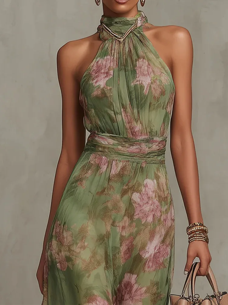 

Sleeveless High Neck Ruched Waist Dress Chiffon Flowy Evening Party Dress 2026 Fashion New Women Floral Print Halter Maxi Dress