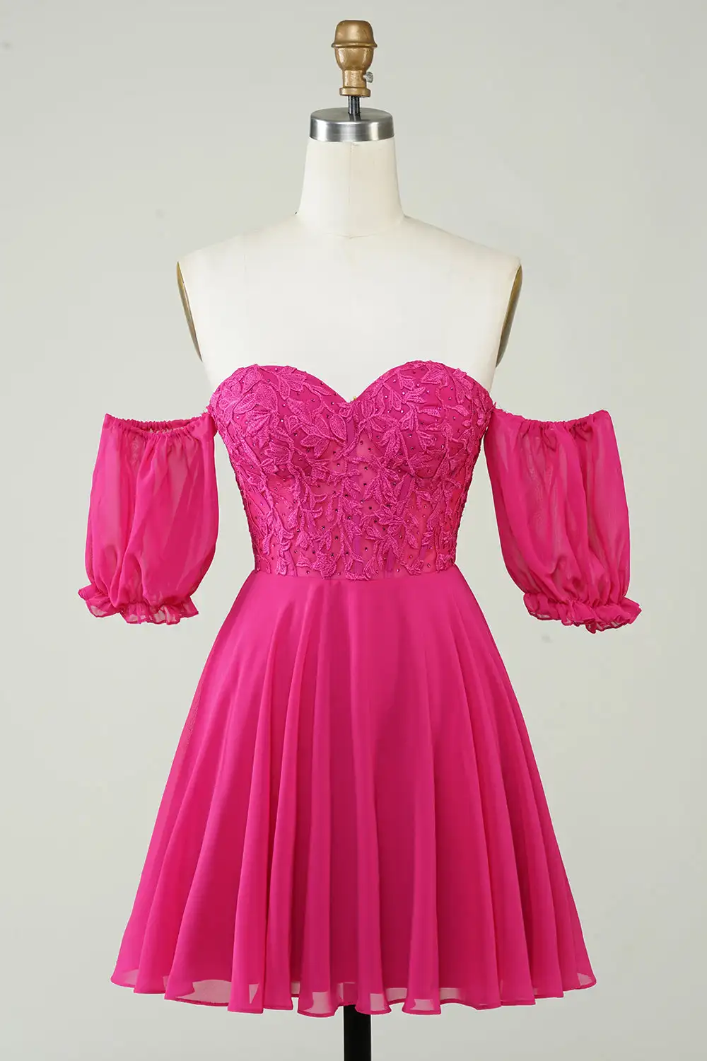 Vestidos de graduación fucsia, Apliques de encaje de cristal, gasa sin hombros, mangas cortas abullonadas, Mini línea A, vestidos de noche formales para fiesta