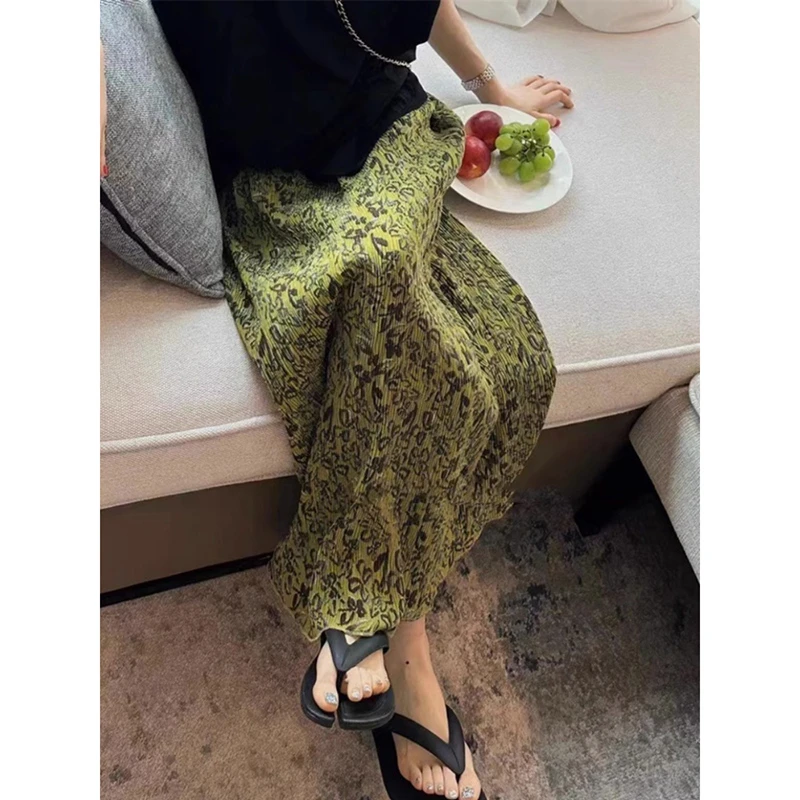 

New Arrival European Style Summer Women Casual Vintage Fashion Print Straight Skirt High Waist Split Design Mid-calf Skirt T24