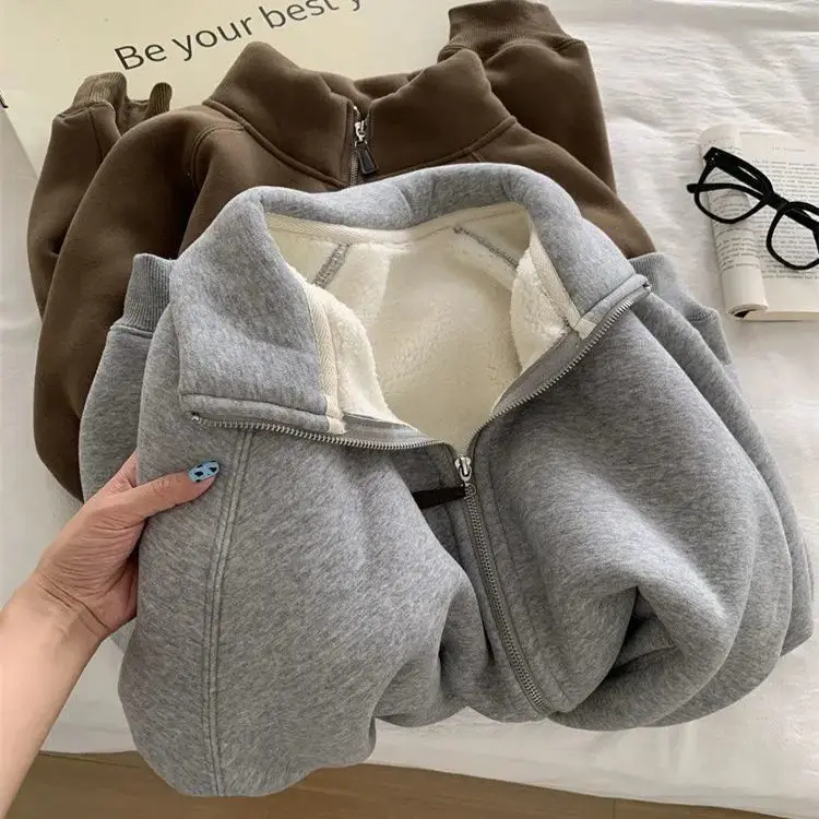 

Бархатный свитшот Thiened Lamb, женский зимний новый маленький теплый воротник-стойка, открытый кардиган, теплая верхняя одежда, пальто