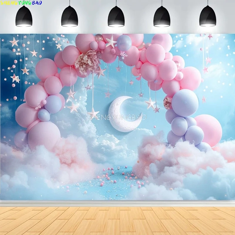 Guirlanda de balão macio com lua e estrelas, cenários fotográficos, decoração de festa de primeiro aniversário, fundo de estúdio fotográfico