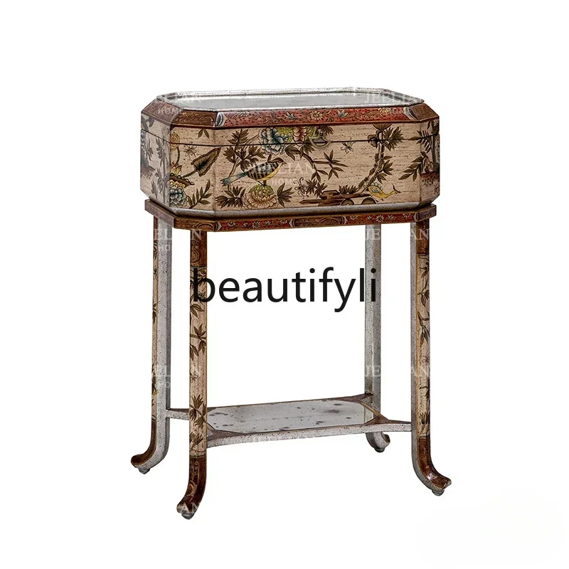 03 French retro painting personalized exquisite decoration box living room storage mirror double corner few