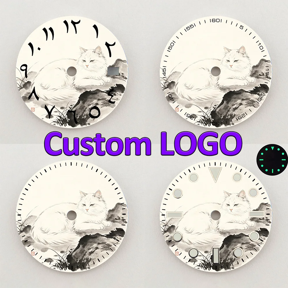 28.5mm NH35 Dial Oriental Ink White Cat Clock Dial Arabic Numeral NH36 Dial Watch Accessories Fit NH35/NH36 Movement Custom Logo