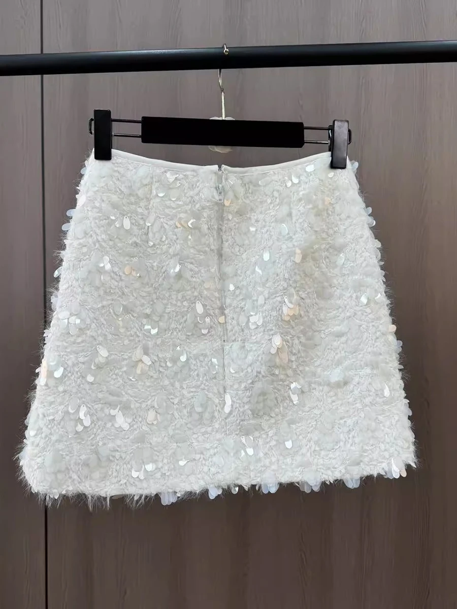 VGH Slimming Solid Spliced Sequined Short Skirts For Women High Waist Patchwork Zipper Fashion Club Skirt Female Clothes Autumn