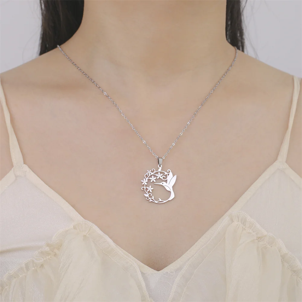 My Shape Hummingbird Filigree Flower Necklaces Stainless Steel Choker Animal Bird Pendant Neck Chain Bohemian Jewelry  Gifts