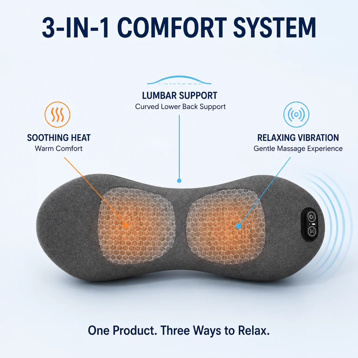3-in-1 Lower Back Massager with Heat & Vibration Ergonomic Lumbar Support Pillow for Bed Sofa Home Relaxation
