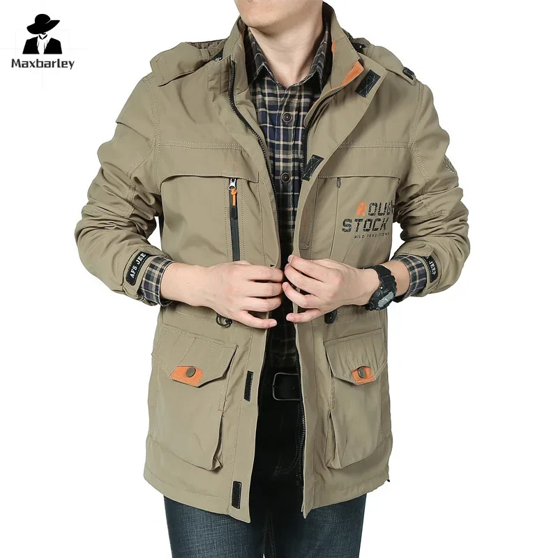 Autumn And Winter Jacket Men\'s Plus Size Mid-length Waterproof Work Hooded Coat Casual Outdoor Camping Fleece-lined Snow Parka