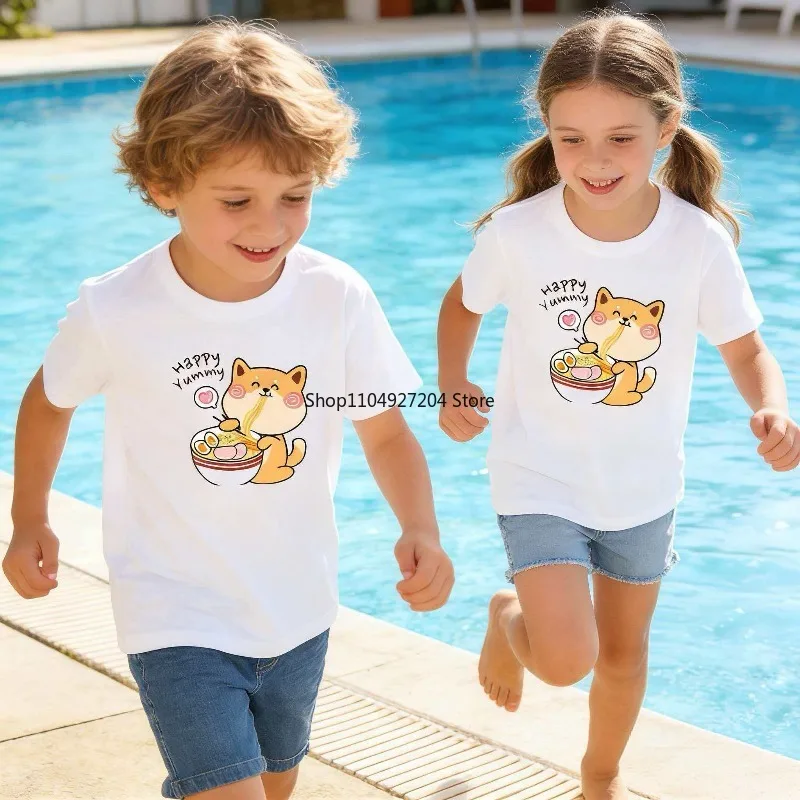 

Children's 100% Pure Cotton T-shirt Foodie Shiba Inu Cartoon Printed Top Casual Parent-child Short Sleeved Shirt