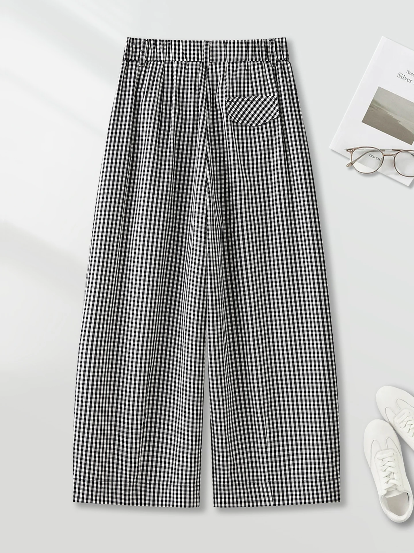 High Waist Loose Fit Summer Thin Checkered Wide Leg Pants Casual Style Knee-Length Women's Fashion Straight Cut Trousers