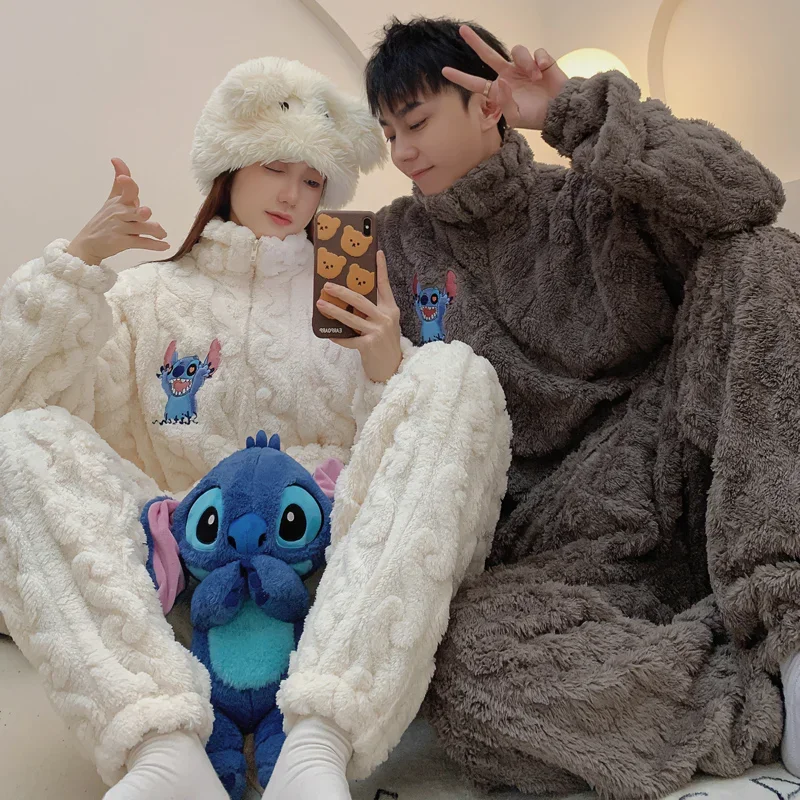 Cartoon Disney couple pajamas winter loungewear coral fleece cotton two-piece suit men\'s Stitch loungewear women\'s pajamas