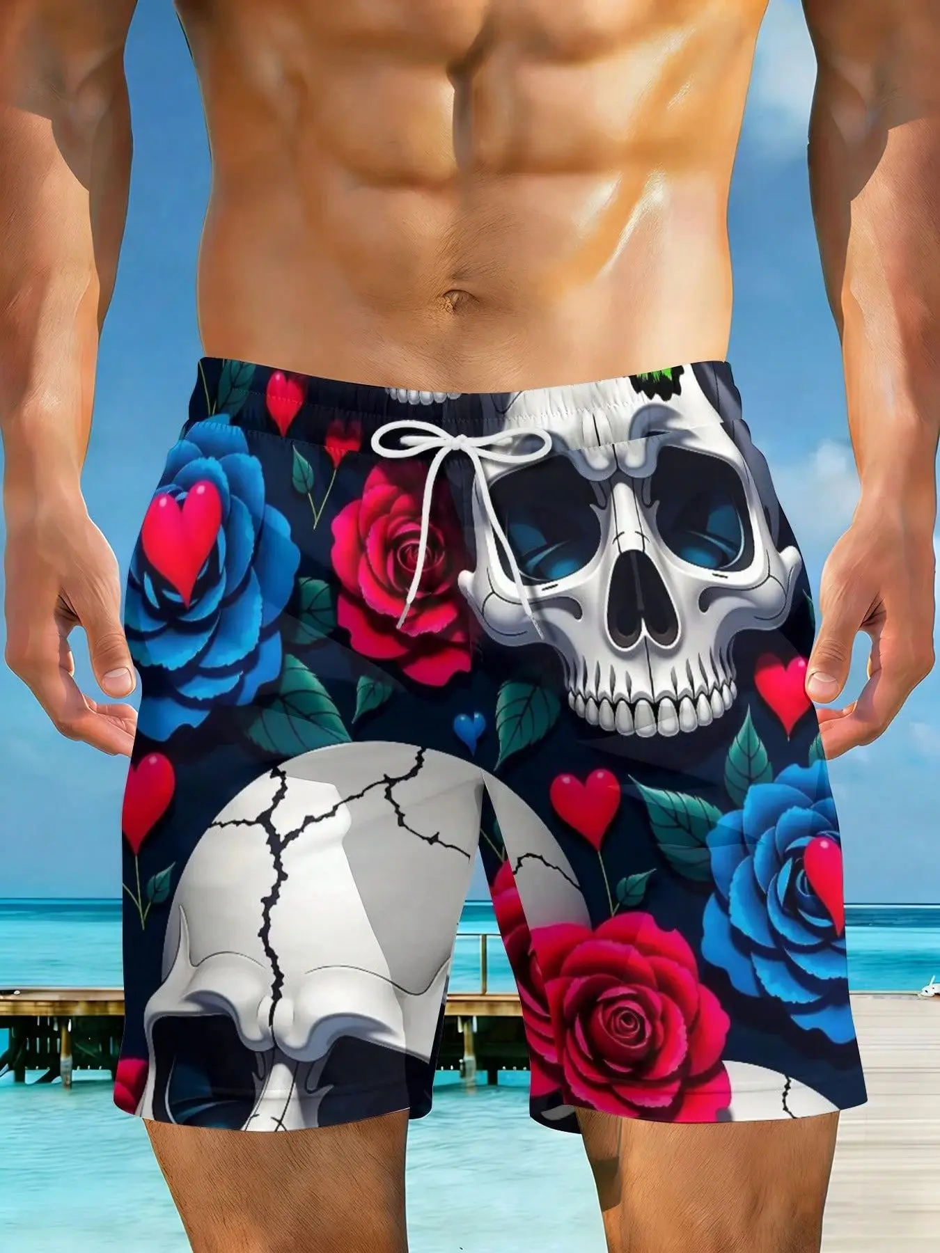 

2026 Summer New Styles Skulls Roses Hearts Butterflies Leaves Plus Size Men's Fashion Casual Beach Shorts Suitable For Summer Outings And Beach Vacations Surfing And Relaxing Activities