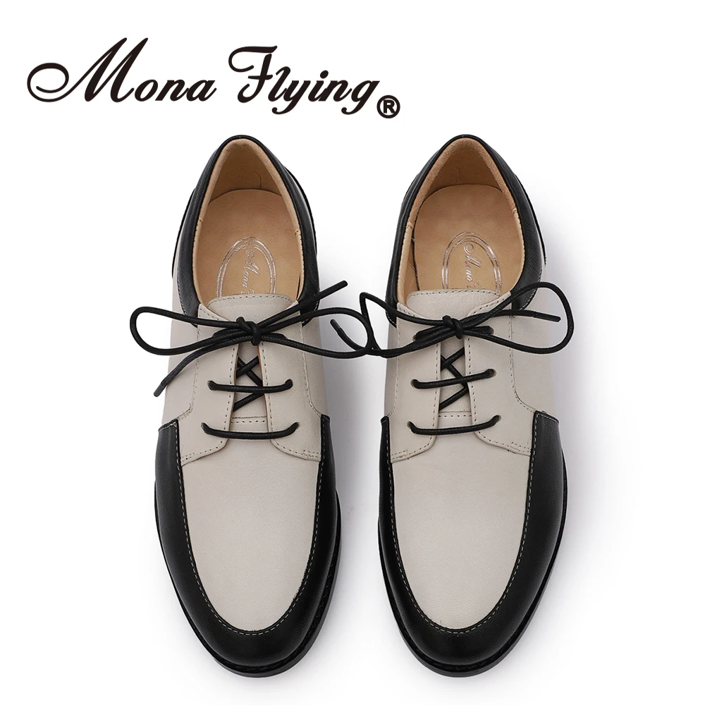 Mona Flying Women Soft Leather Oxfords Derby Handmade Fashion Casual Flats Black & White Lace-up Shoes for Ladies A068-F128