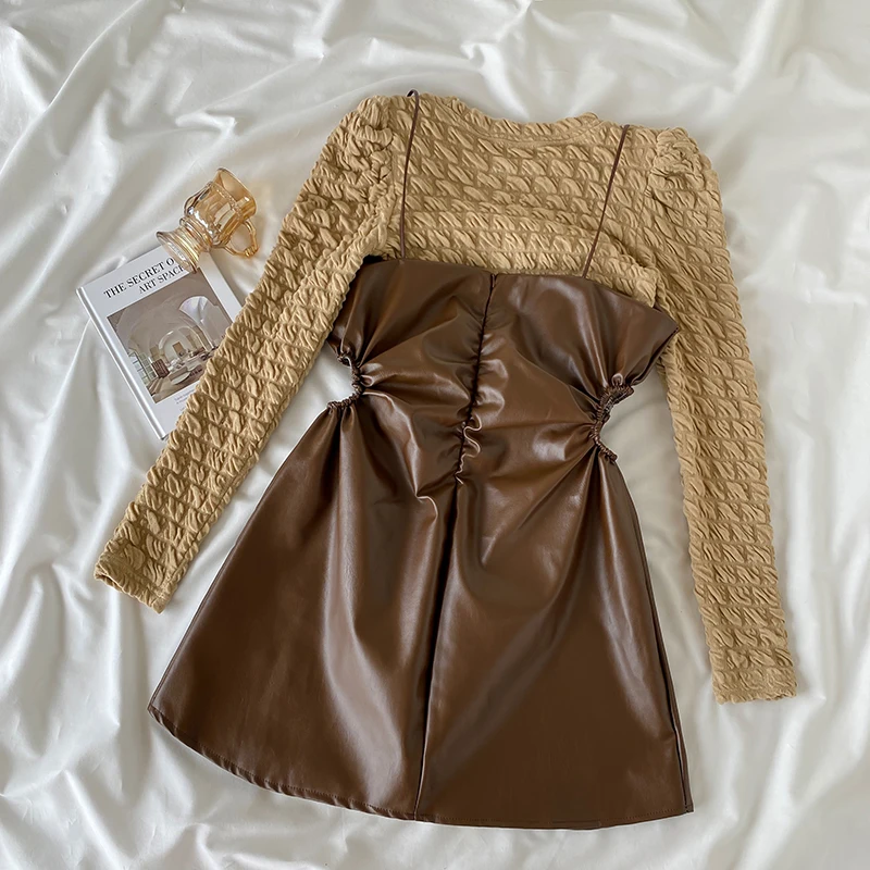 Elegant Women Two Pieces Set O-Neck Solid Long Sleeve Cropped Tops+High Waist A-Line Spaghetti Strap Dress 2023 New Suits