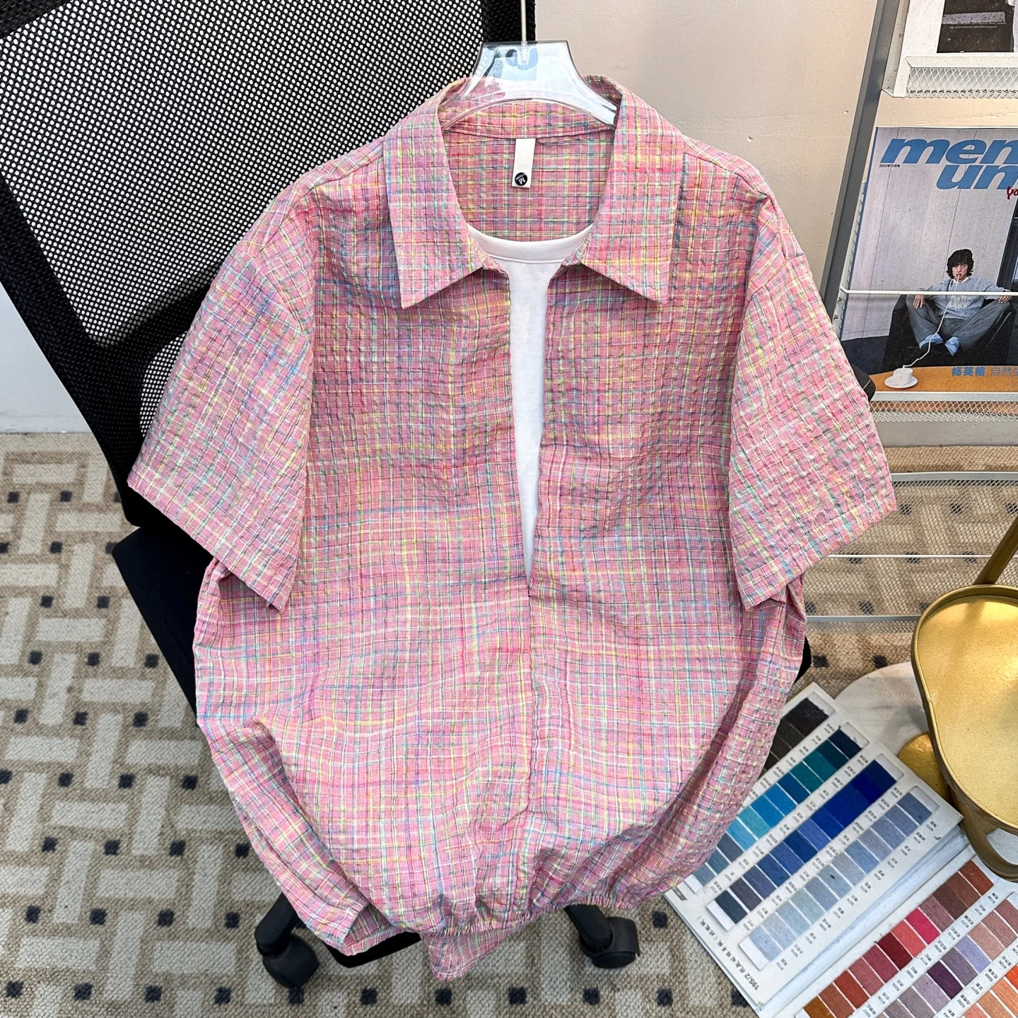 

Pink Short Sleeve Bubble Shirt Men's American Trendy Brand Summer Texture Feeling Top Couple's Plaid Shirt Loose Fit Casual S...