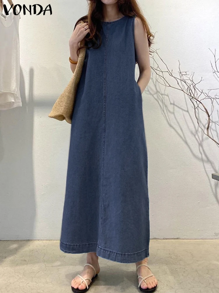 Vonda verão feminino casual maxi denim vestido 2025 sólido vestido de verão plissado solto sem mangas a linha robe oversized