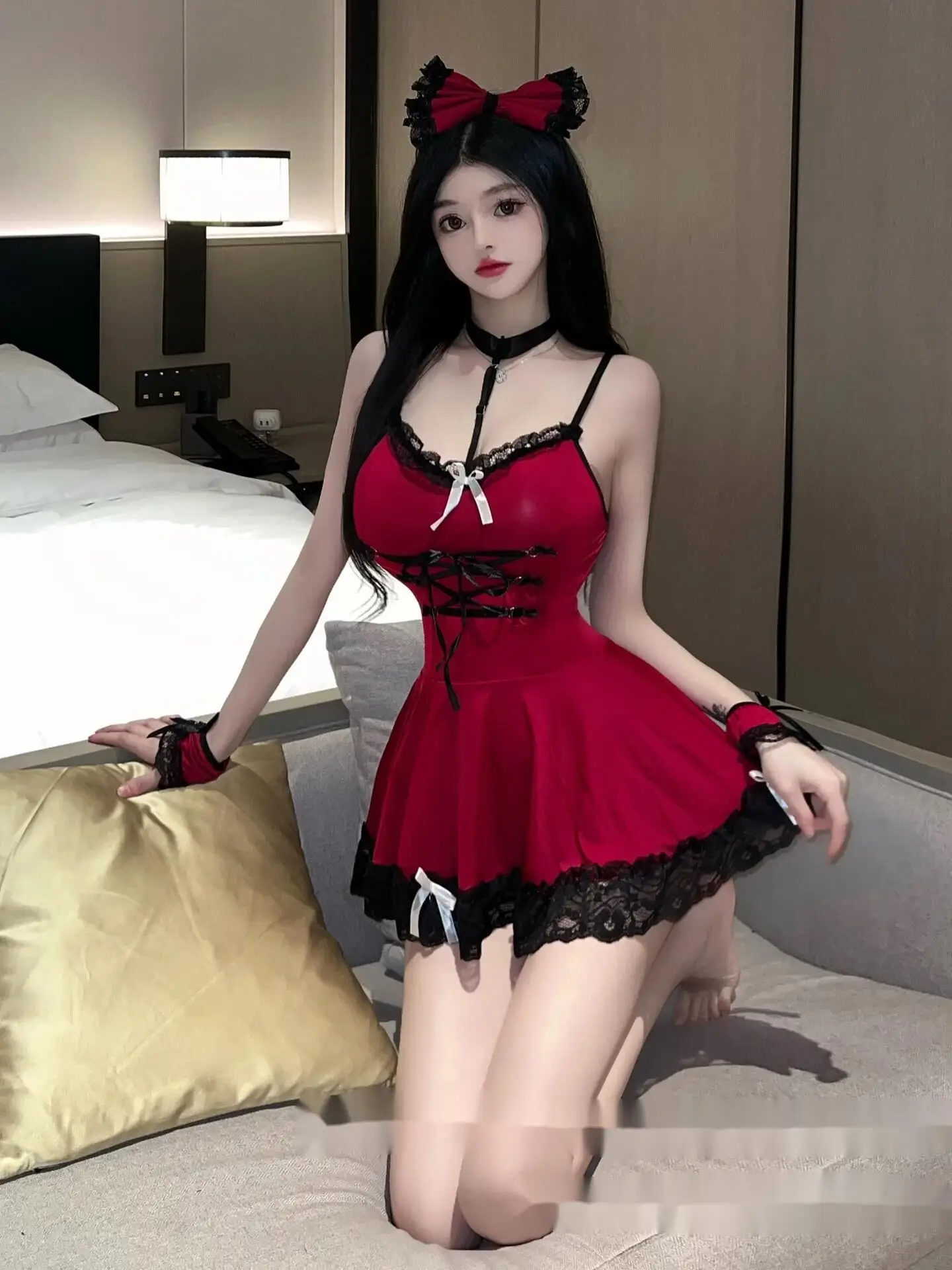 New Sexy Red Black Splicing Lace Skirt Hem Loose Sling Off Shoulder Temperament Sweet Girl Beach Dress Elegant Korean Style R6CL