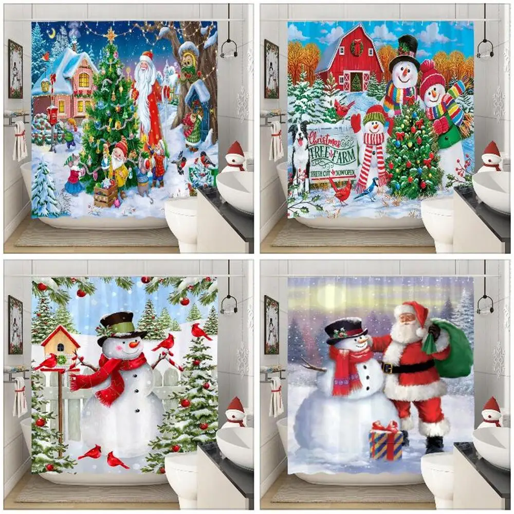 

Christmas Shower Curtain for Bathroom Winter Snow Snowman Vintage Farmhouse Rustic Xmas Christmas Themed Bath Curtain With Hooks