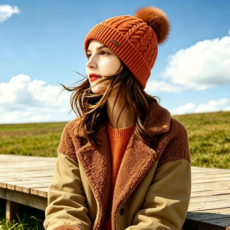100% Mongolian Cashmere Beanie 3D-Cable Women Pom-pom Real Rabbit Pompoms Hat Soft Men Winter Knitted Pure Cashmere Warm Caps
