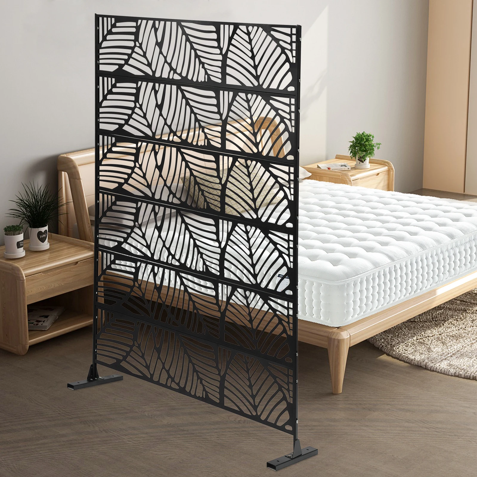 Freestanding Steel Outdoor Privacy Screen, 71.26In Height Black Leaf Hollow Out Room Divider, High-Temperature Baking Paint Privacy Fence For Garden, Patio, Balcony, Backyard
