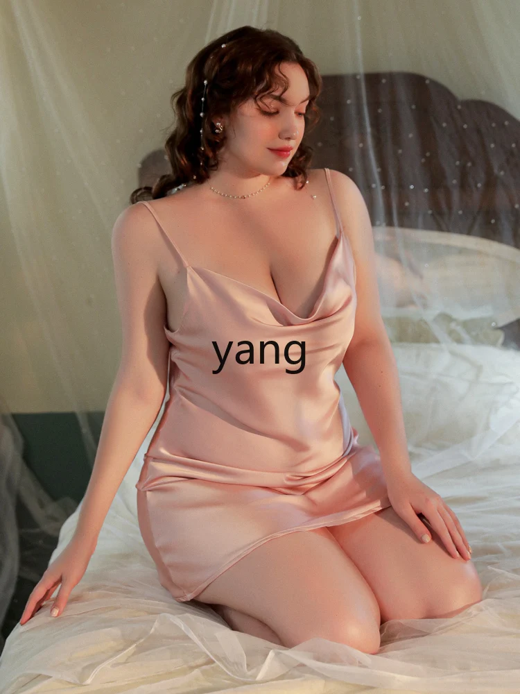 LMM large size sexy pajamas ice silk fattened plus suspenders spring and summer fat sister 100kg nightdress
