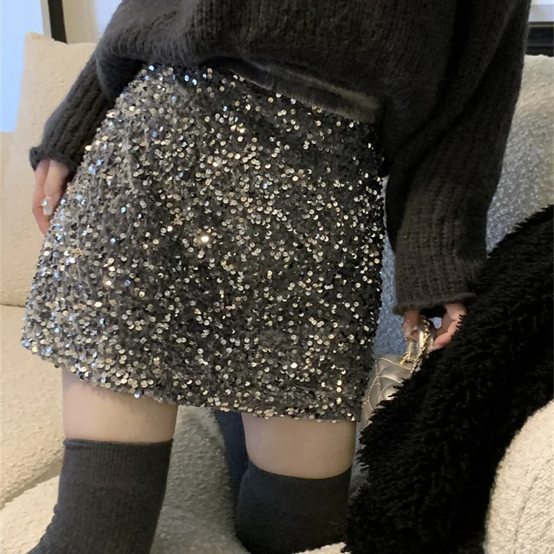 

Повседневная сексуальная клубная юбка с пайетками, новинка 2025 года, весна-осень, женская мини-юбка с высокой талией, облегающая, А-силуэт, короткая юбка-карандаш, Saia