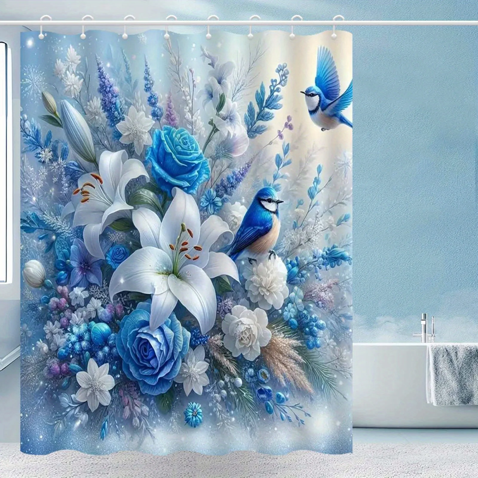 rtistic Blue Flower Shower Curtain Waterproof Fabric Bathroom Curtain  Rose Lily Bird Print Bath Screen Divider Home Decor
