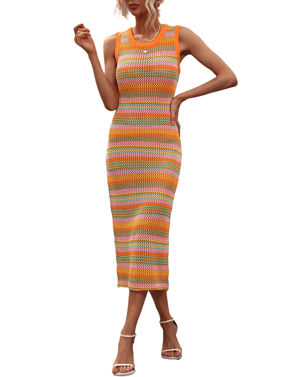 Women Tank Tops Knit Long Dress Sleeveless Slim Fit High Waist Casual Stripes Crochet Holiday Beach Party Street