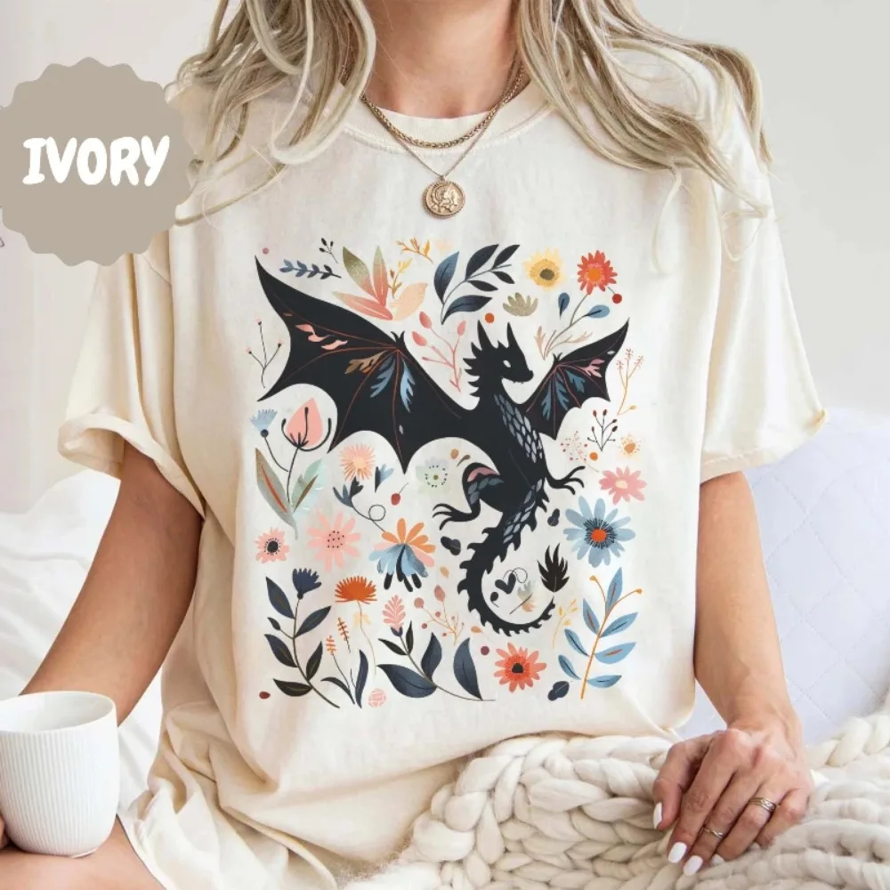 Abraxos Flower T Shirt Fantasy Dragon Comfort Casual Short Sleeve Streetwear Basic Leisure Loose Fit Top Tee Female Summer New