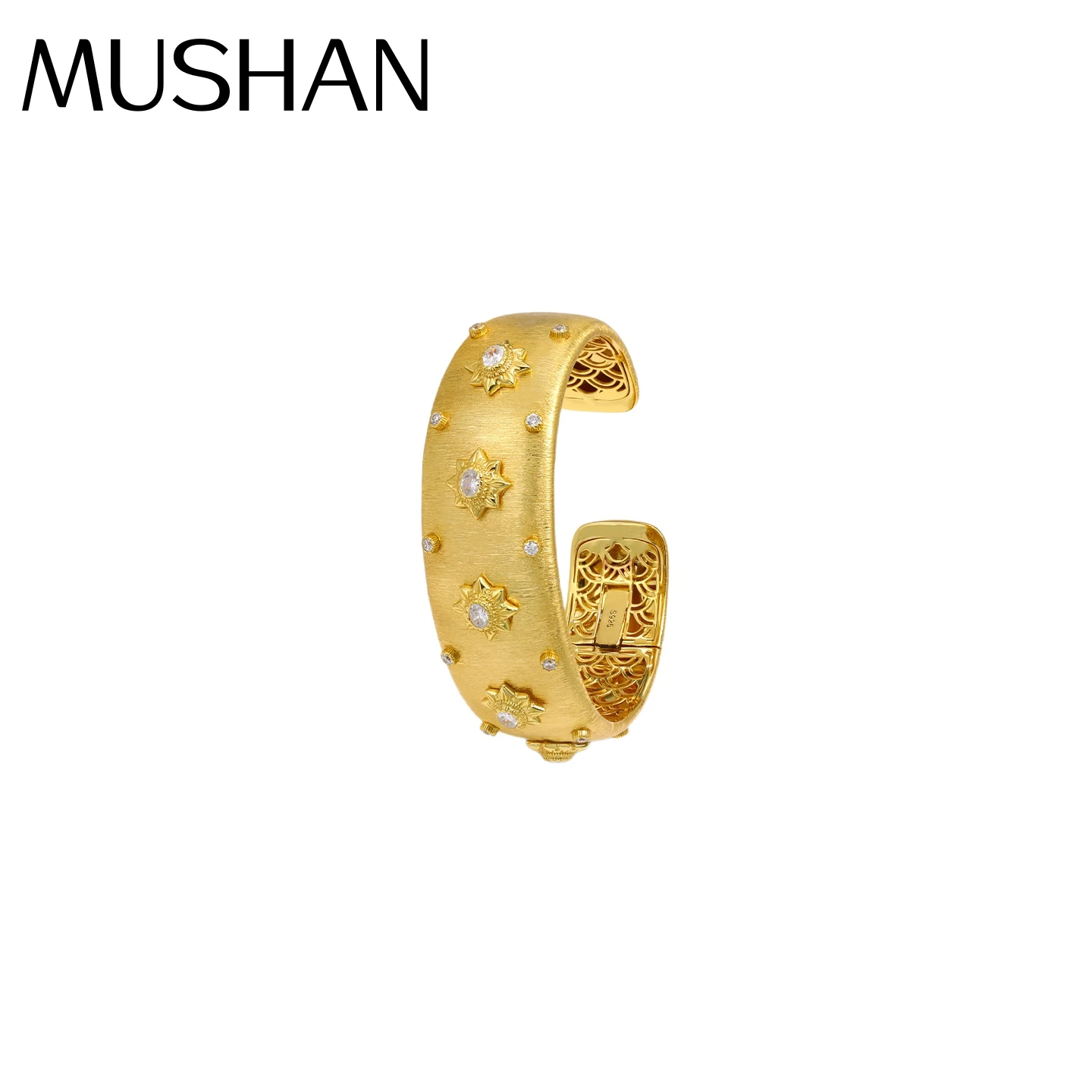 

Роскошный бренд Mushan, высококачественный матовый и полый женский браслет из стерлингового серебра 925 пробы, открытый браслет и двухцветное позолота